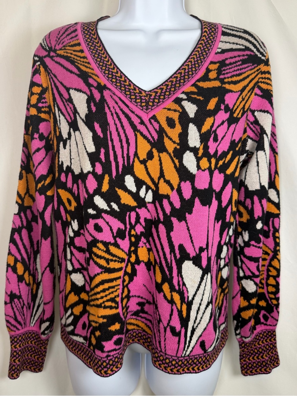 Daniel Rainn Butterfly Jacquard Sweater M Pink Orange V Neck Cotton Boho